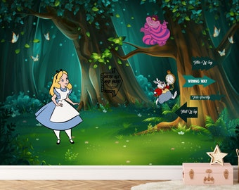 Alice in the Enchanted Forest Wall Mural | Alice in Wonderland Wallpaper | Nursery Decor | Children Wallpaper Ref 055