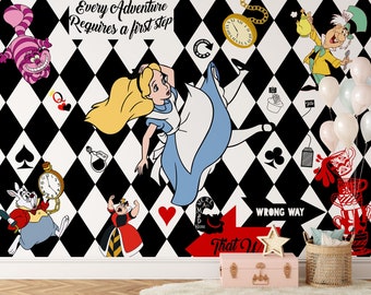 Down the Rabbit Hole Wall Mural | Alice in Wonderland Wallpaper | Nursery Decor | Children Wallpaper Ref 024