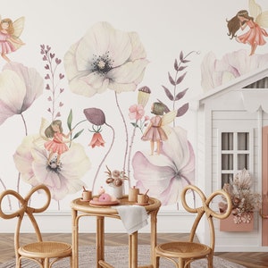 Fairies Garden Wall Mural | Watercolor Flowers and Fairy Wallpaper ...