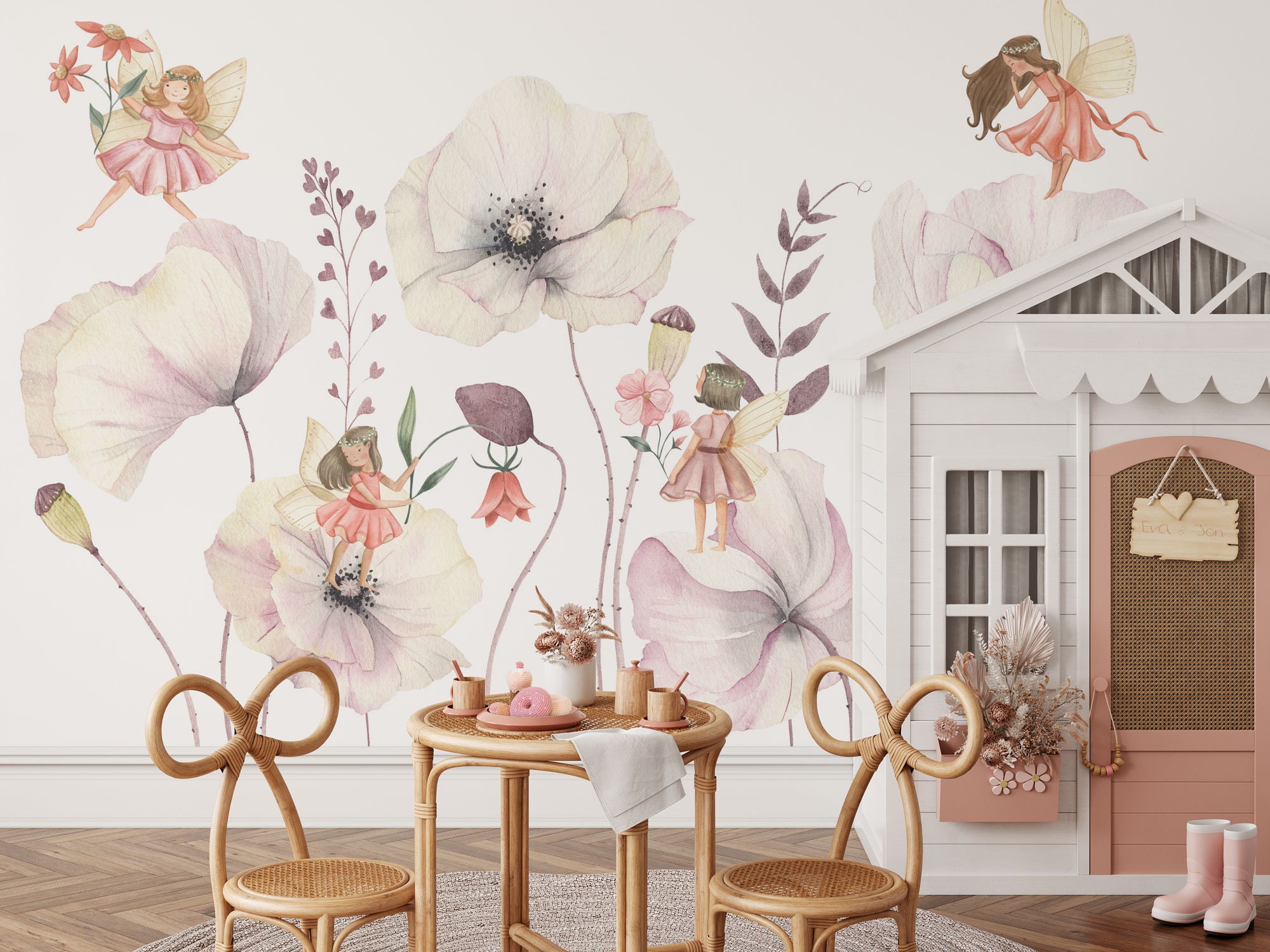 Fairies Garden Wall Mural | Watercolor Flowers and Fairy Wallpaper ...