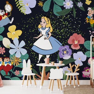 Alice nel giardino dei fiori vivi Murale a parete / Alice nel paese delle meraviglie Carta da parati / Nursery Decor / Carta da parati per bambini Ref 036