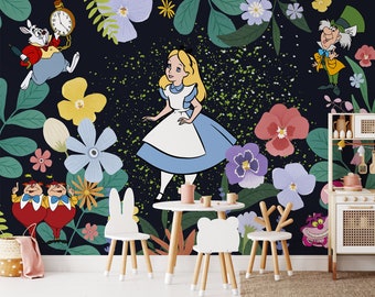 Alice in the Garden of Live Flowers Wall Mural | Alice in Wonderland Wallpaper | Nursery Decor | Children Wallpaper Ref 036