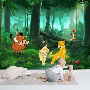 Mural de pared de Simba / Papel pintado del Rey León / Decoración de guardería / Papel pintado para niños Ref 046