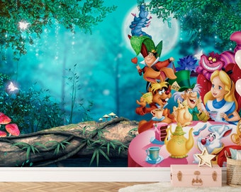 Alice in Wonderland Wall Mural | Tea Party Wallpaper | Nursery Decor | Children Wallpaper Ref 040