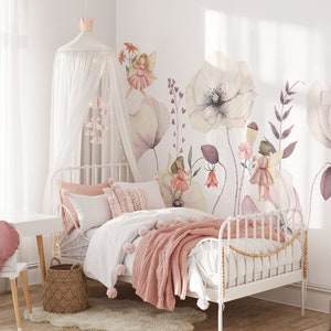 Fairies Garden Wall Mural / Fiori ad acquerello e carta da parati fata / Carta da parati fata / Decorazione vivaio / Carta da parati per bambini Ref 102