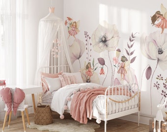 Fairies Garden Wall Mural | Watercolor Flowers and Fairy Wallpaper | Fairies Wallpaper | Nursery Decor | Children Wallpaper Ref 102