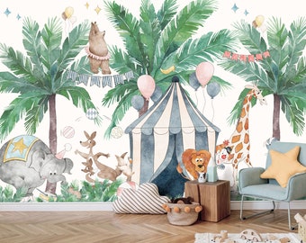 Circus Wall Mural | Circus Wall Mural | Circus Animals Wallpaper | Amusement Park Nursery Decor | Children Wallpaper Ref 100