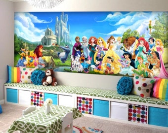 Mural de pared de personajes de Disney / Peter Pan, princesa, Winnie the Pooh y Mickey Mouse Mural / Decoración de guardería / Fondo de pantalla para niños ref 021