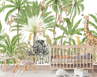 Watercolor Jungle Wall Mural | Safri Animals Wall Mural | Jungle Friends Wallpaper | Nursery Decor | Children Wallpaper Ref 075