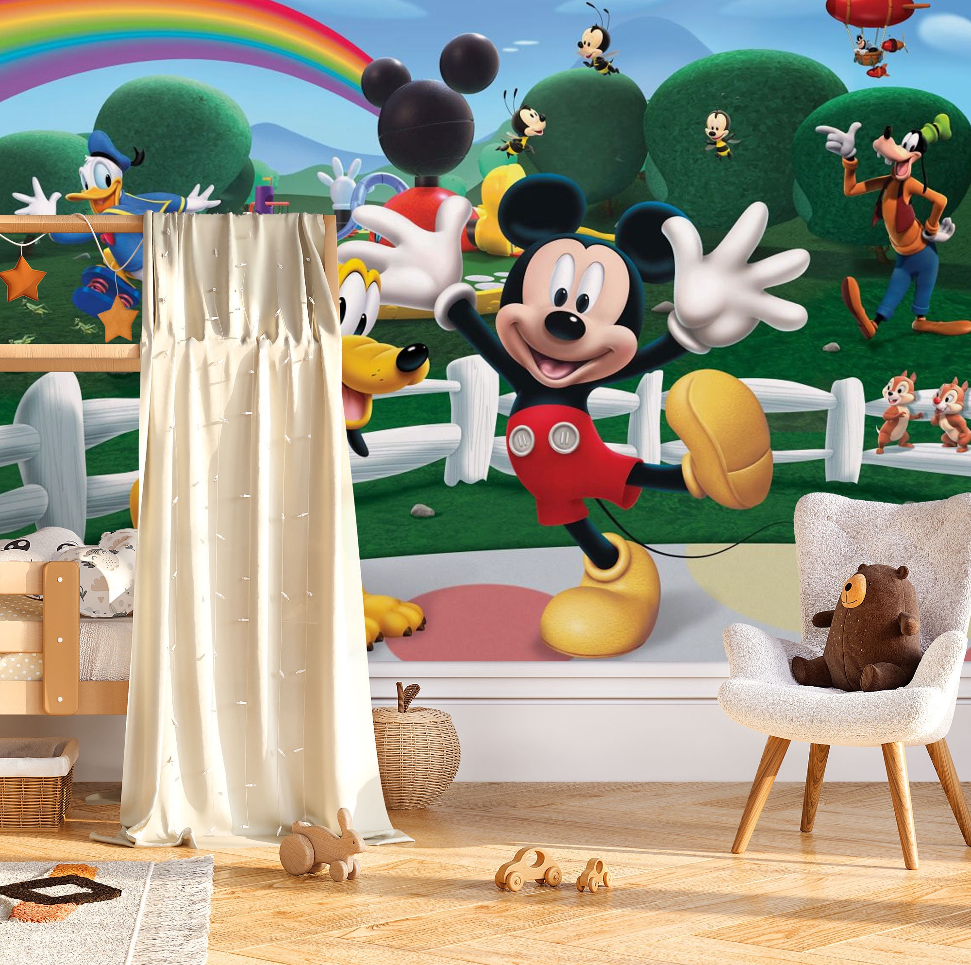ミッキーマウスの虹の壁画 | ミッキーと仲間たちの子供部屋用壁紙