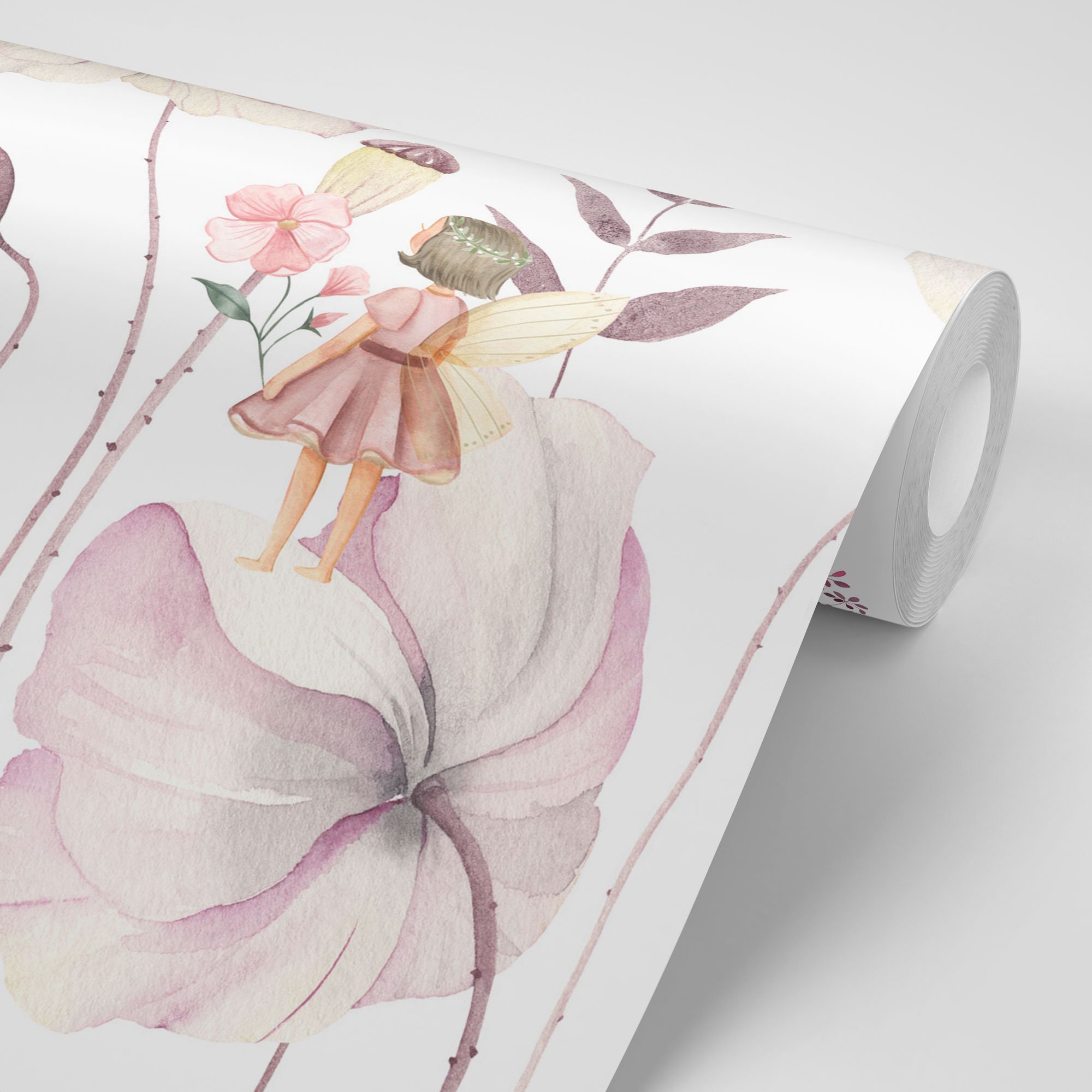Fairies Garden Wall Mural | Watercolor Flowers and Fairy Wallpaper ...
