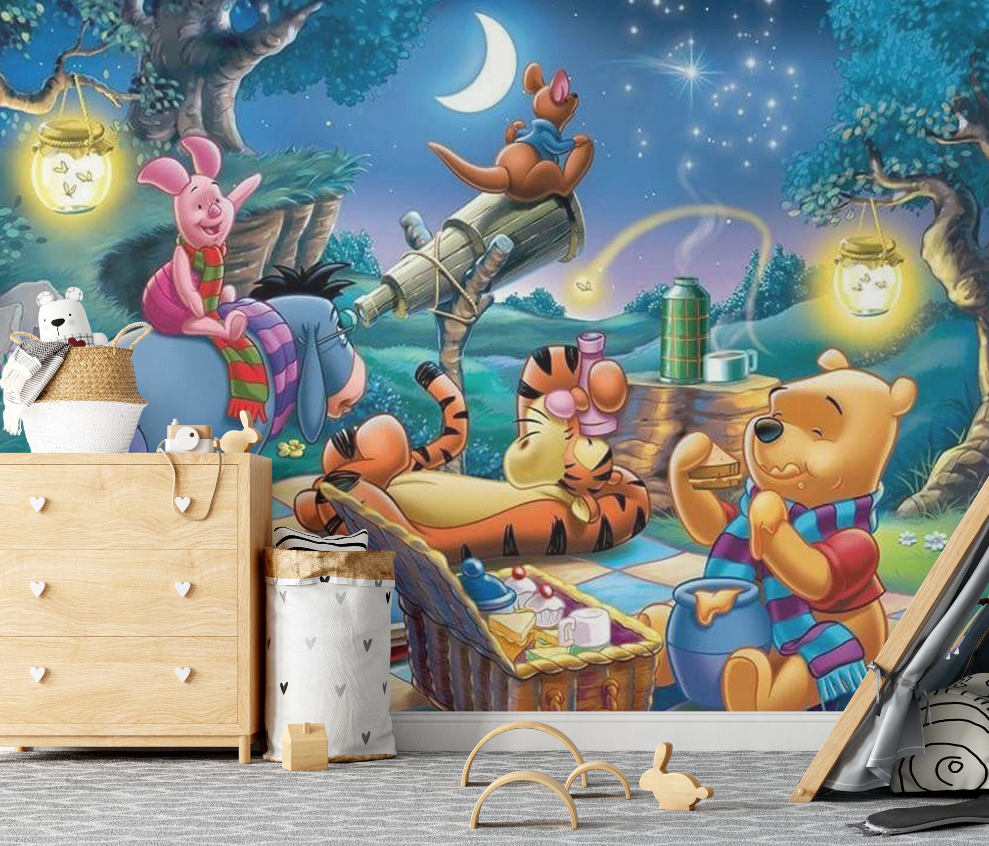 星を見つめるくまのプーさんと仲間たち 壁画 | くまのプーさんの