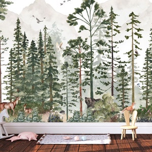 Murale nei boschi / Carta da parati foresta acquerello / Arredamento cameretta / Carta da parati per bambini Rif 095