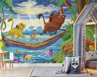 Simba and Friends on a Walk over the River Wall Mural | Simba Wall Mural | Lion King Wallpaper | Nursery Decor | Children Wallpaper Ref 106