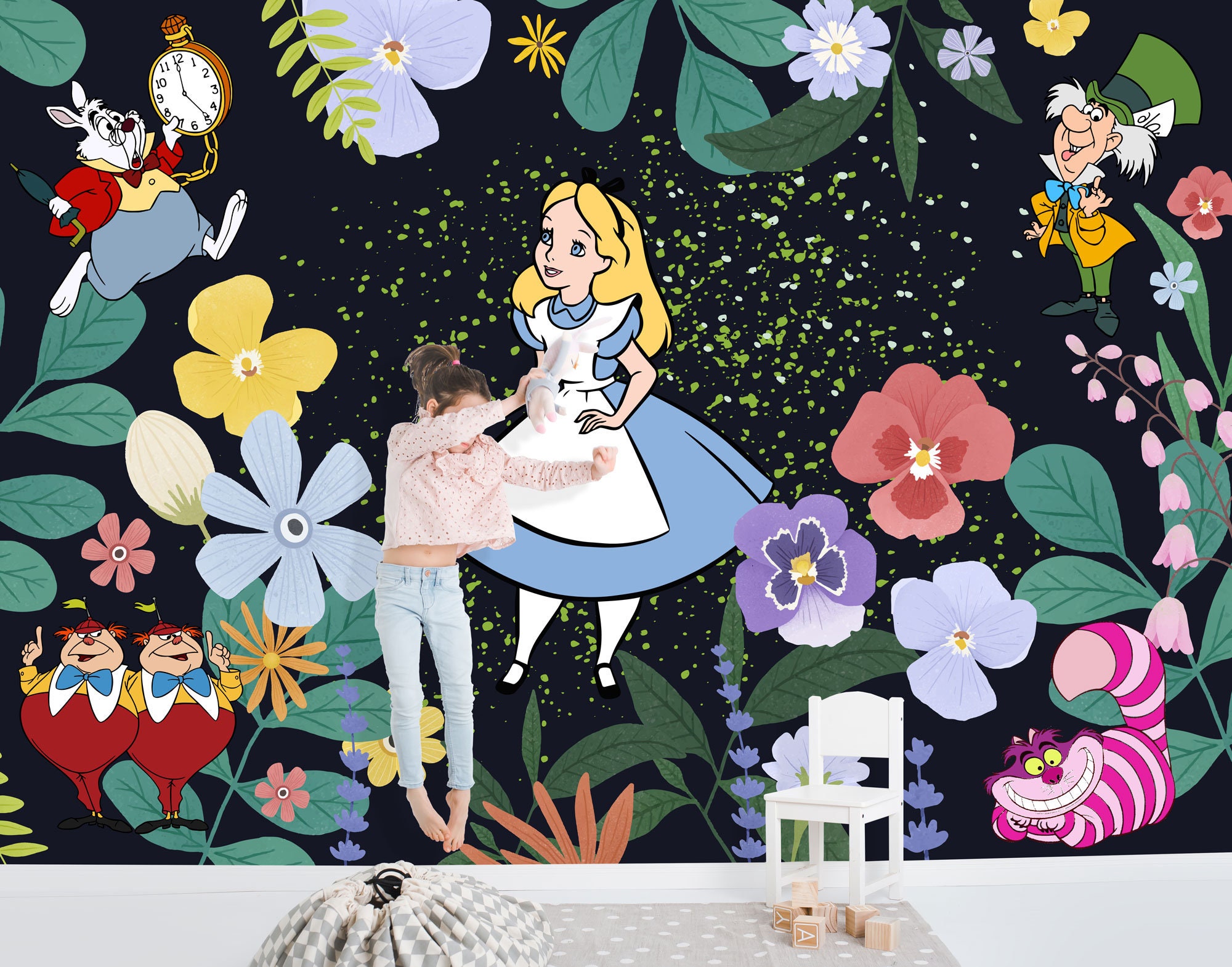 Alice in the Garden of Live Flowers Wall Mural Alice in Wonderland Wallpaper  Nursery Decor Children Wallpaper Ref 036 