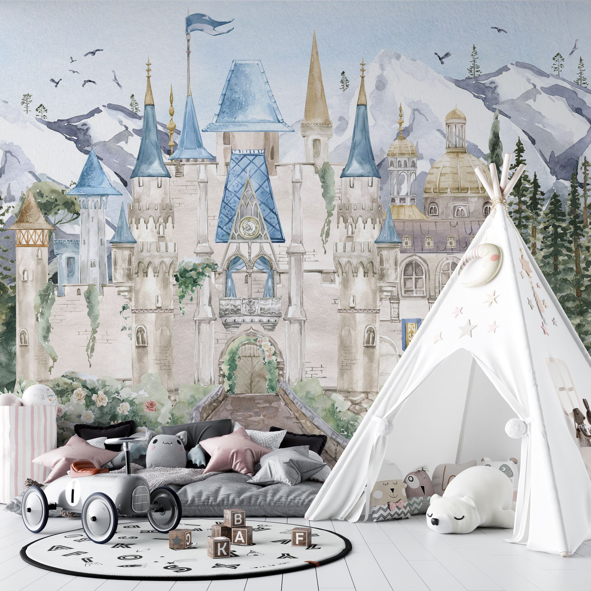 Fairy Tale Castle Wall Mural | Watercolor Castle Wallpaper | Princess ...