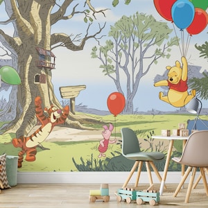 Winnie the Pooh che vola con i palloncini, murale da parete / Winnie the Pooh e i suoi amici, carta da parati / decorazioni per la cameretta dei bambini / carta da parati per bambini Rif. 013
