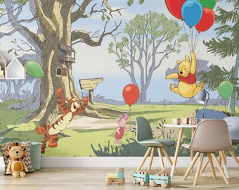 Winnie the Pooh Flying with Balloons Wall Mural | Winnie the Pooh and Friends Wallpaper | Nursery Decor | Children Wallpaper Ref 013