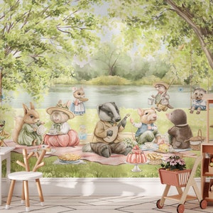 Murale vicino al fiume / Carta da parati Il vento tra i salici / Carta da parati ad acquerello con simpatici animali / Decorazione per la cameretta / Carta da parati per bambini Rif 103