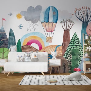 Decorazione murale astratta con foresta colorata / Foresta con arcobaleno e mongolfiera volante / Decorazione per la cameretta / Carta da parati per bambini Rif 107