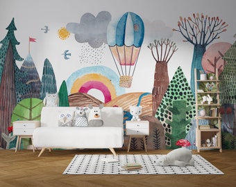 Abstraktes Buntes Wald Wandbild | Wald mit Regenbogen und fliegender Heißluftballon Wallpaper | Kinderzimmer Dekor | Kinder Tapete Ref. 107