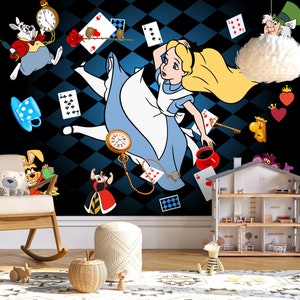 Down the Rabbit Hole Wall Mural | Alice in Wonderland Wallpaper | Nursery Decor | Children Wallpaper Ref 045
