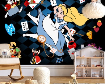 退屈とうさぎの孤独　 限定20部　絵画　版画　リビング　室内　インテリア　部屋 ウサギの穴を下る壁画 | 不思議の国のアリスの壁紙 | 子供部屋の