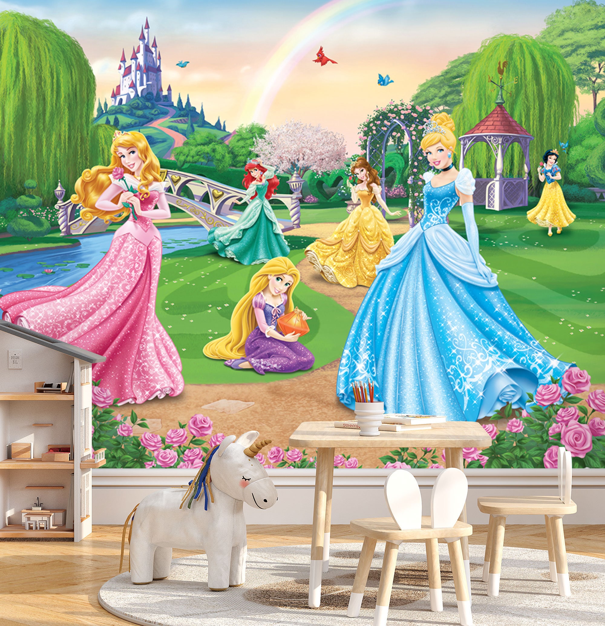 プリンセスキャッスルガーデンの子供用壁画 | 魅惑的なおとぎ話の壁紙