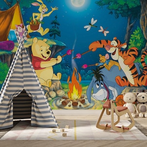 Winnie the Pooh and Friends on a Night Camp Wall Mural / Winnie the Pooh Wallpaper / Nursery Decor / Children Wallpaper Ref 088