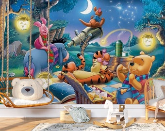 Winnie the Pooh and Friends Staring at the Stars Wall Mural | Winnie the Pooh Wallpaper | Nursery Decor | Children Wallpaper Ref 008