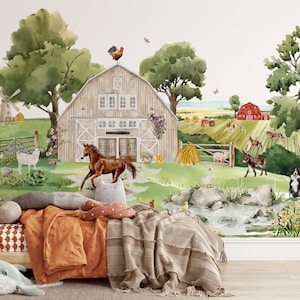 Murale da parete con paesaggio da sogno della fattoria in acquerello / Carta da parati Vita in fattoria / Carta da parati con animali in acquerello / Decorazione per la scuola materna / Carta da parati per bambini Rif 115