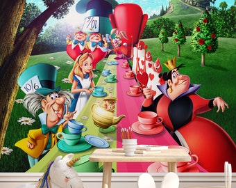 Tea Party Wall Mural Alice in Wonderland Wallpaper Alice Wallpaper Nursery  Decor Children Wallpaper Ref 039 