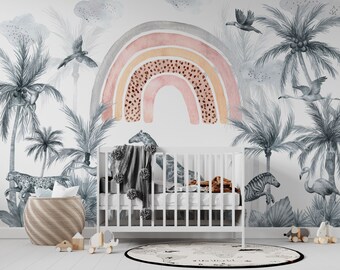 Rainbow over the Jungle Wall Mural | Tropical Wallpaper | Watercolor Cute Animals Wallpaper | Nursery Decor | Children Wallpaper Ref 113