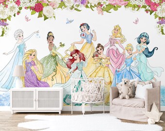 水彩画プリンセス壁画 | プリンセス壁紙 | 保育園の装飾 | 子供用壁紙