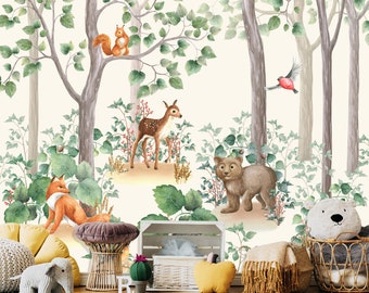 Watercolor Forest Walk Wall Mural | A Life in the Woods Wallpaper | Nursery Decor | Children Wallpaper Ref 070