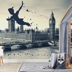 Peter Pan Wall Mural / Peter Pan Wallpaper / Nursery Decor / Carta da parati per bambini Ref 037
