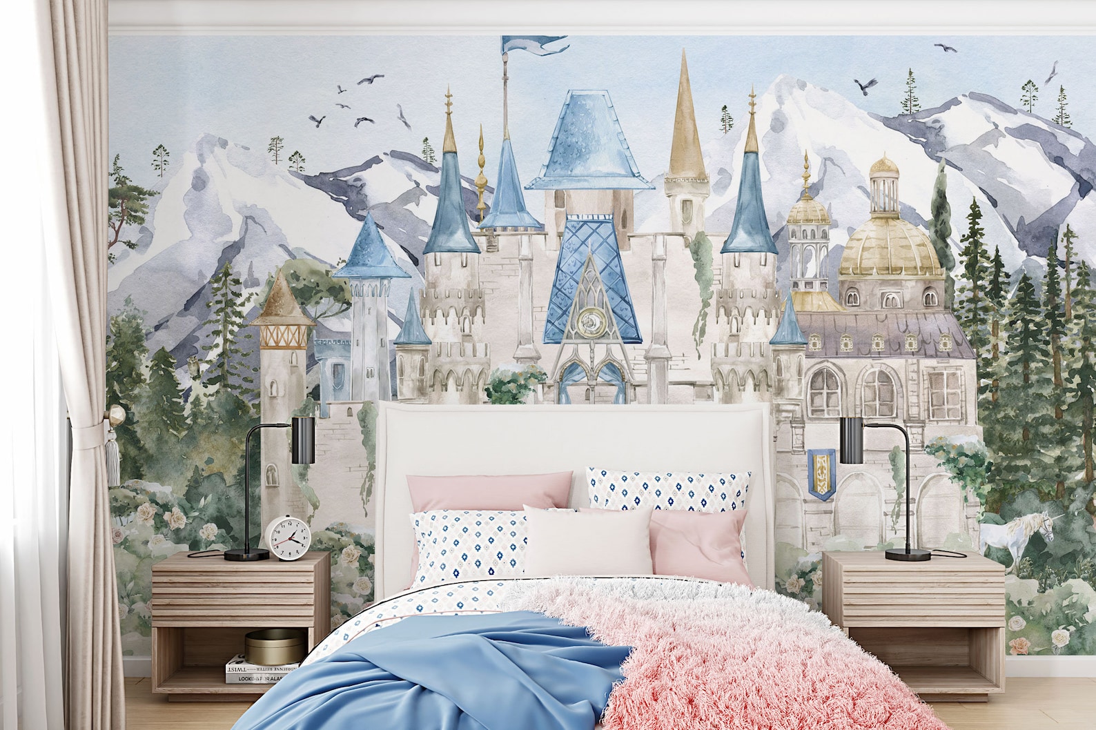 Fairy Tale Castle Wall Mural | Watercolor Castle Wallpaper | Princess ...