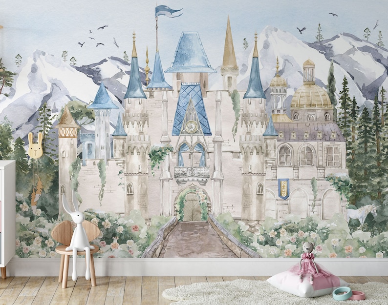 Fairy Tale Castle Mural | Watercolor Princess Nursery Wallpaper - Etsy