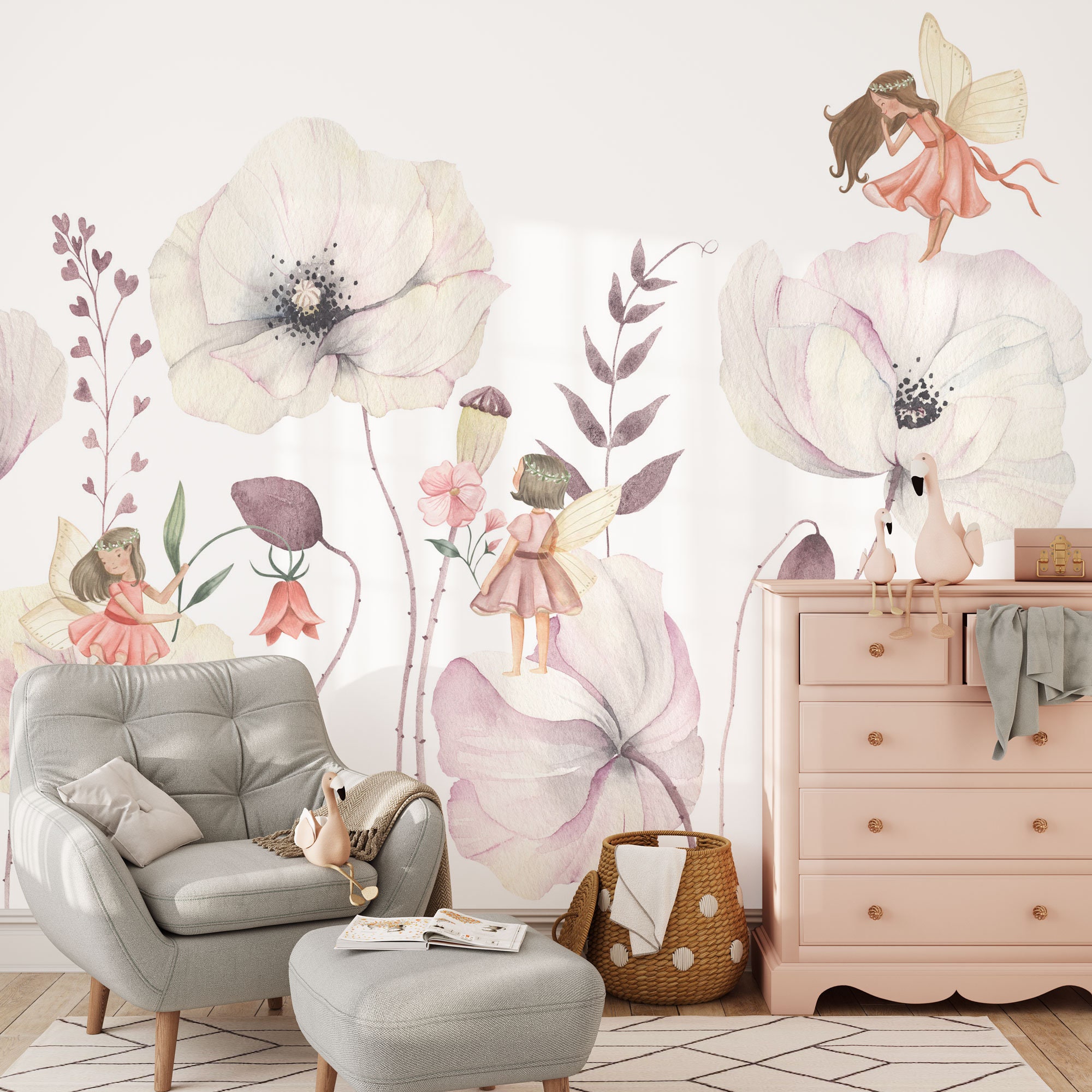 Fairies Garden Wall Mural | Watercolor Flowers and Fairy Wallpaper ...