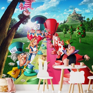Tea Party Wall Mural / Alice in Wonderland Wallpaper / Alice Wallpaper / Nursery Decor / Children Wallpaper Ref 039