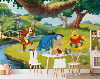 Winnie the Pooh and Friends Near the River Wall Mural | Winnie the Pooh Wallpaper | Nursery Decor | Children Wallpaper Ref 012