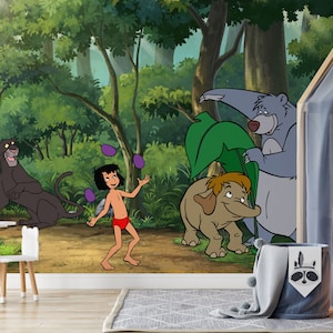 Jungle Book Wall Mural / Mowgli e Baloo Wallpaper / Nursery Decor / Carta da parati per bambini Ref 056