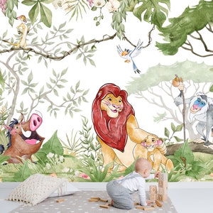 Carta da parati Simba and Friends, carta da parati Simba, carta da parati Re Leone, decorazione nursery, carta da parati per bambini Ref 067
