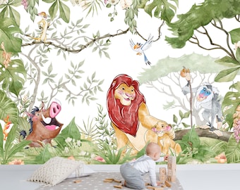 Simba and Friends Lion King Nursery Wall Mural | Removable Jungle Wallpaper (Custom Size)