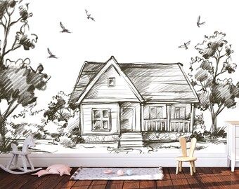 Country Cottage Wall Mural | Landscape Wallpaper | Nursery Decor | Children Wallpaper Ref 094