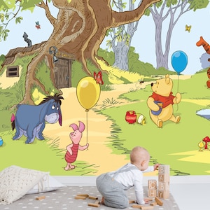 Winnie the Pooh Near the Big Tree Wall Mural / Winnie the Pooh and Friends Wallpaper / Nursery Decor / Children Wallpaper Ref 007
