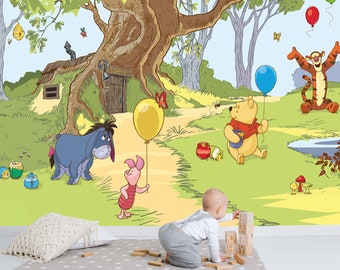 Winnie the Pooh Near the Big Tree Wall Mural | Winnie the Pooh and Friends Wallpaper | Nursery Decor | Children Wallpaper Ref 007