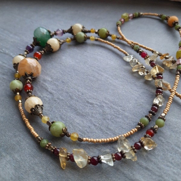 Boho-Hippie Halskette, Halbedelsteine Halskette, Achat Halskette mit Quaste, Edelstein Perlen Halskette, Git für Frauen
