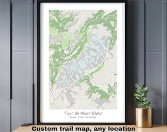 Custom trail map, any location topographic map poster, unique personalized gift for housewarming, birthday, anniversary, gift for hikers