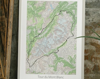 Tour Du Mont Blanc Trail Topographic Map Poster, TMB Trail Hiking.